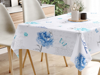 Pamut asztalterítő - kék pünkösdi rózsák és idézetek