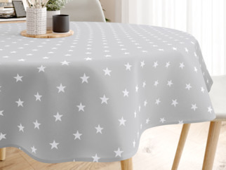 Pamut asztalterítő - fehér csillagok világosszürke alapon - kör alakú