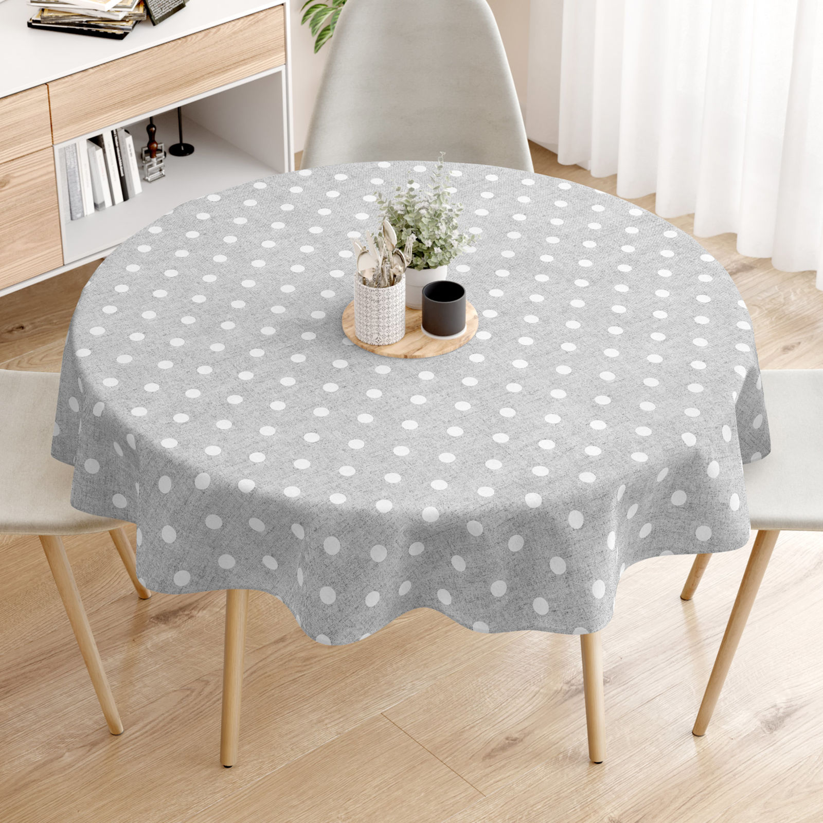Loneta dekoratív asztalterítő - fehér pöttyös szürke alapon - kör alakú