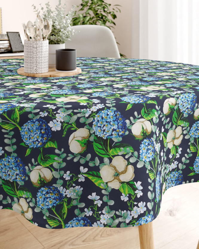 Pamut asztalterítő - kék színű hortenzia virágok - kör alakú