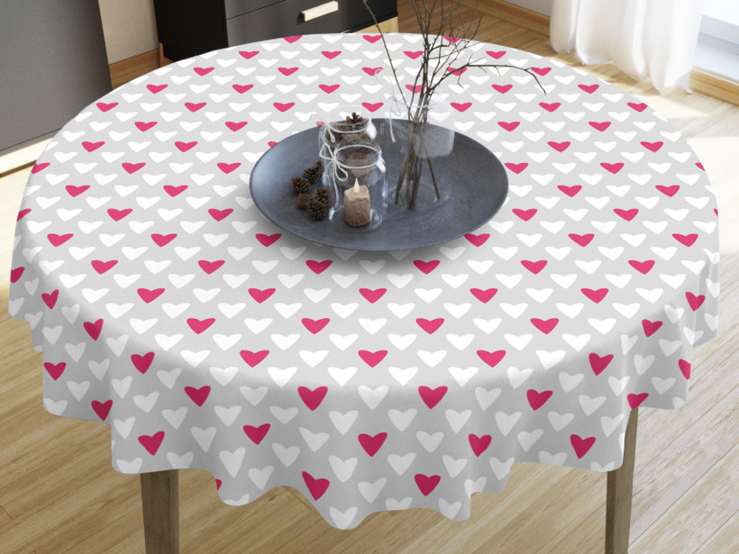 Pamut asztalterítő - rózsaszín szívek szürke alapon - kör alakú