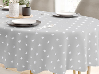 Karácsonyi pamut asztalterítő - fehér csillagok világosszürke alapon - ovális