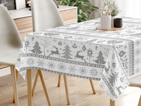 Karácsonyi pamut asztalterítő - karácsonyi szimbólumok fehér alapon