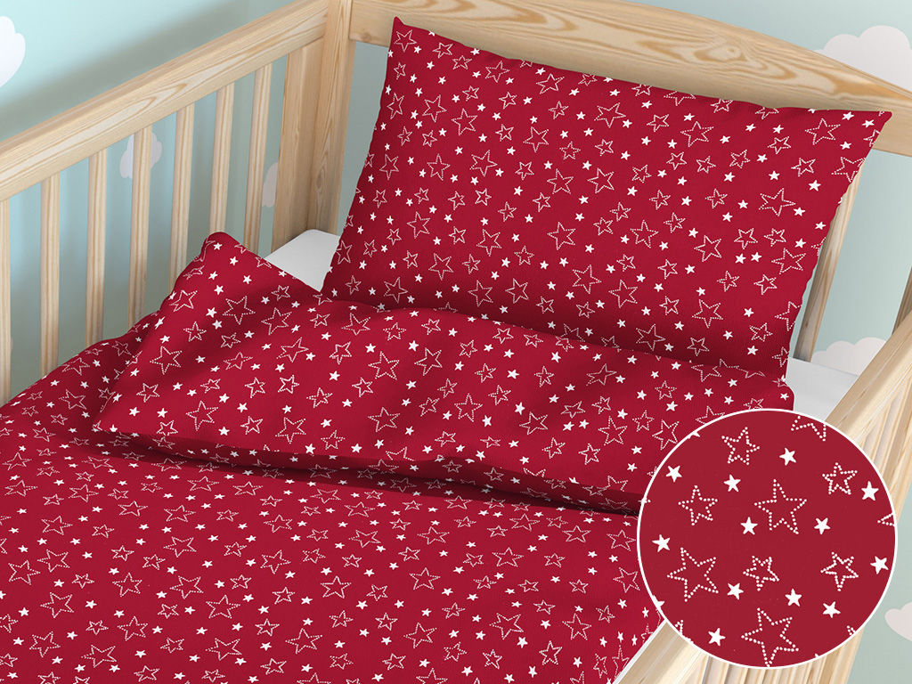 Karácsonyi gyermek pamut ágyneműhuzat kiságyba - X - 15 fehér csillagok piros alapon