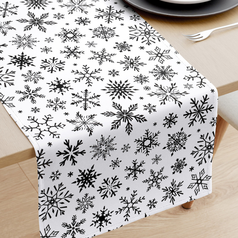 Karácsonyi pamut asztali futó - cikkszám 1160 fekete hópihék fehér alapon
