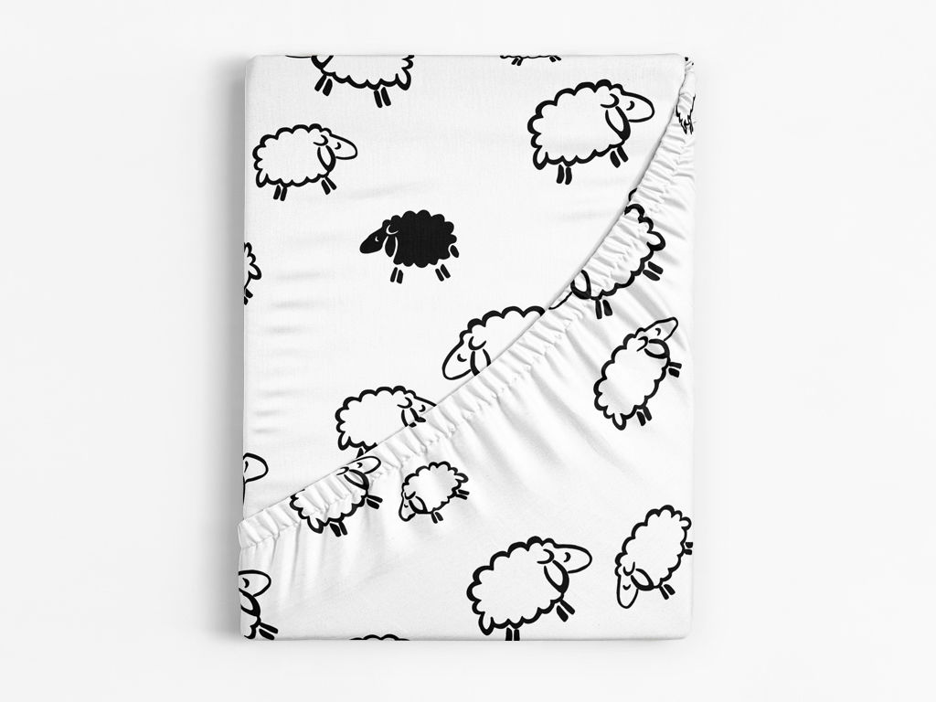 Pamut körgumis lepedő - fekete bárányok fehér alapon