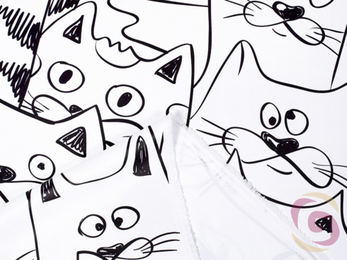 Dekorační látka - vzor kreslené kočky na bílém