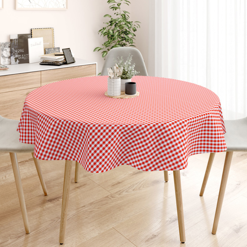 Pamut asztalterítő - piros - fehér kockás - kör alakú