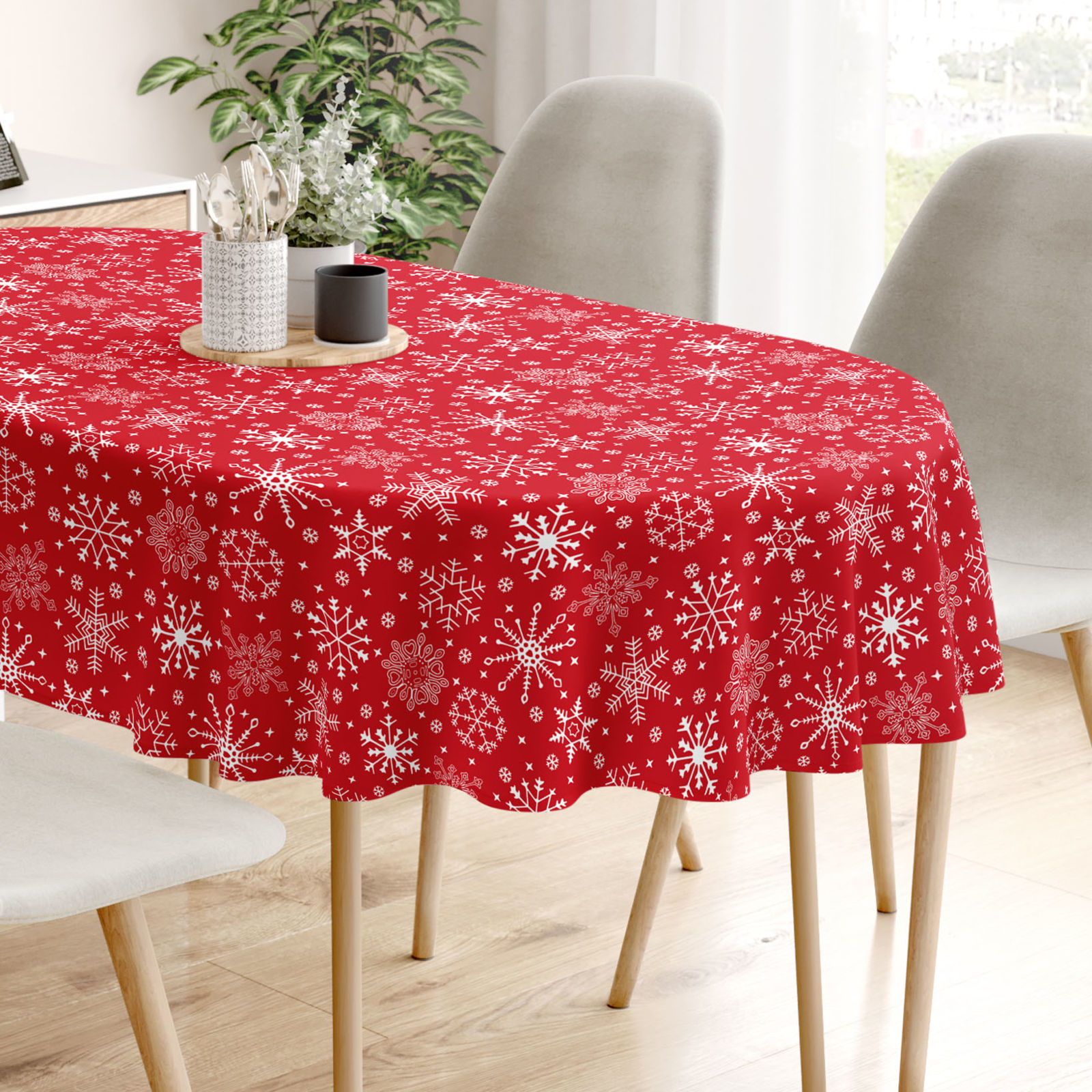 Karácsonyi pamut asztalterítő - hópihék piros alapon - ovális