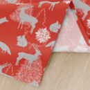 Karácsonyi dekoratív asztali futó - karácsonyi állatkák piros alapon
