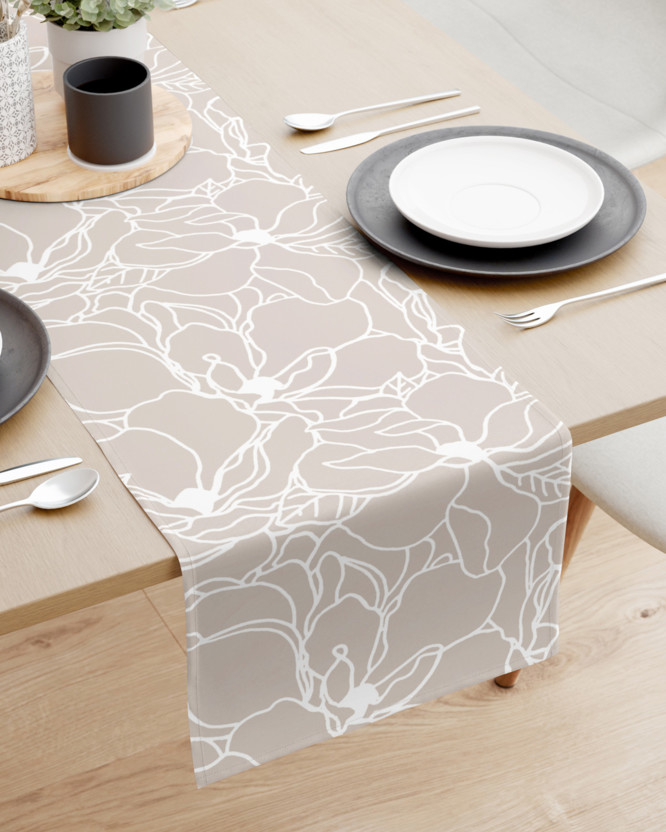 Pamut asztali futó - fehér virágok világos bézs alapon