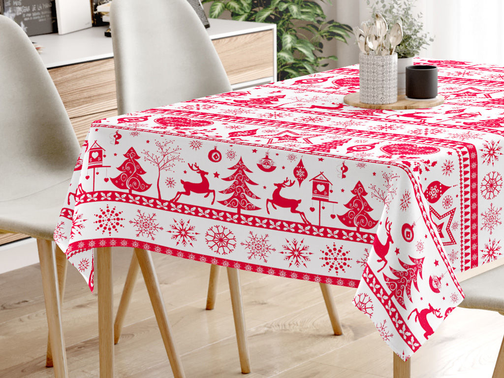 Karácsonyi pamut asztalterítő - piros színű karácsonyi szimbólumok fehér alapon