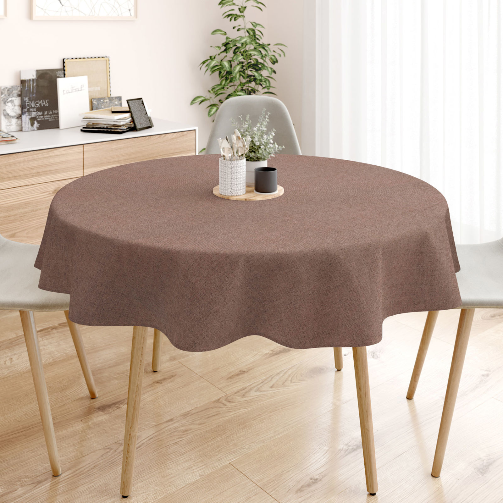 Loneta dekoratív asztalterítő - barna természetes - kör alakú