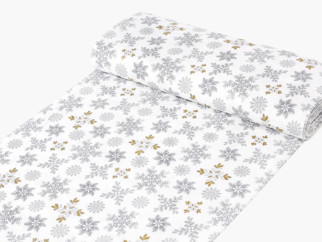 Pamutszövet - karácsonyi mintás, szürke hópihék arany csillámokkal - méteráru, szél. 150 cm
