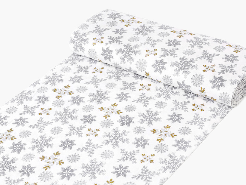 Pamutszövet - karácsonyi mintás, szürke hópihék arany csillámokkal
