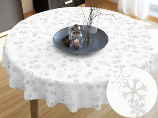 Karácsonyi teflonbevonatú asztalterítő - ezüst hópihék fehér alapon - kör alakú