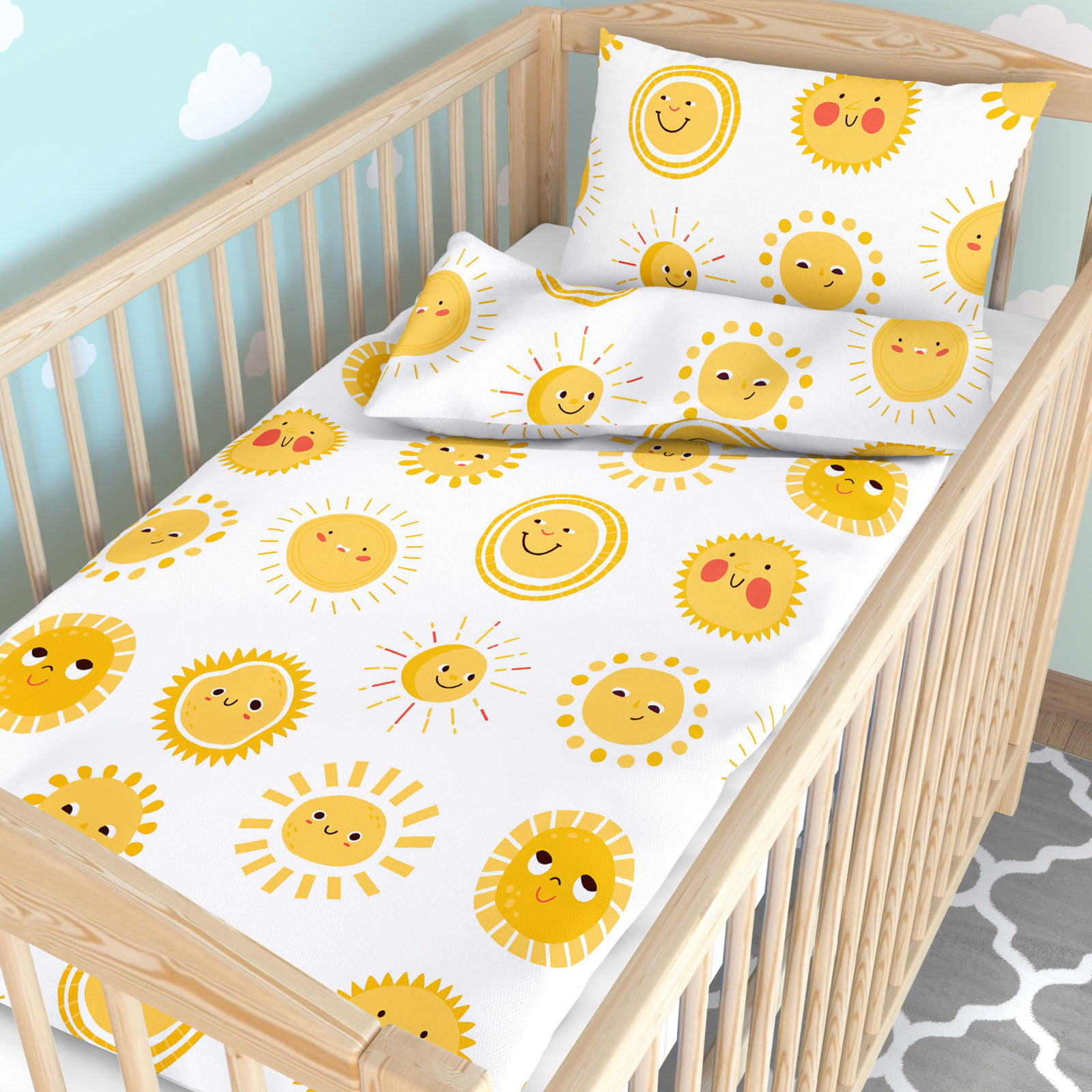 Gyermek pamut ágyneműhuzat kiságyba - mosolygós napocskák