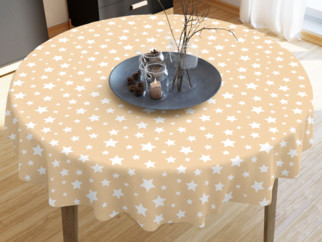 LONETA dekoratív asztalterítő - fehér csillagok bézs alapon - kör alakú