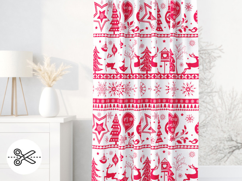 Karácsonyi egyedi méretű pamut drapéria - piros színű karácsonyi szimbólumok fehér alapon