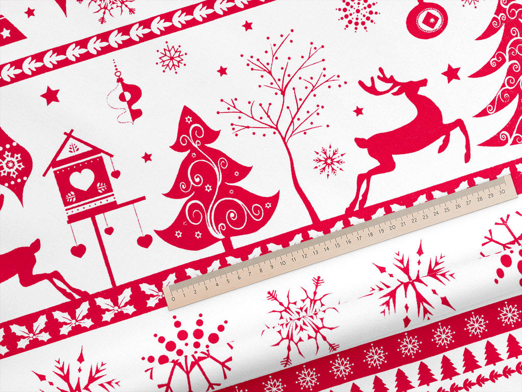Pamutszövet - piros színű karácsonyi szimbólumok fehér alapon