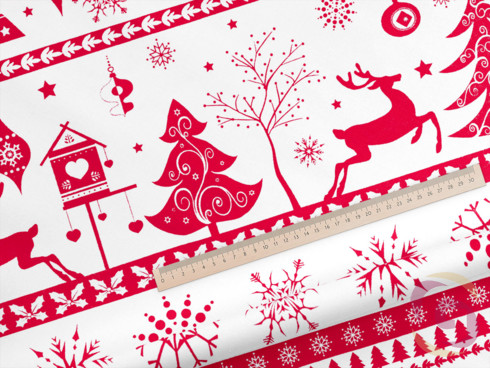 Karácsonyi pamutszövet - piros színű karácsonyi szimbólumok fehér alapon
