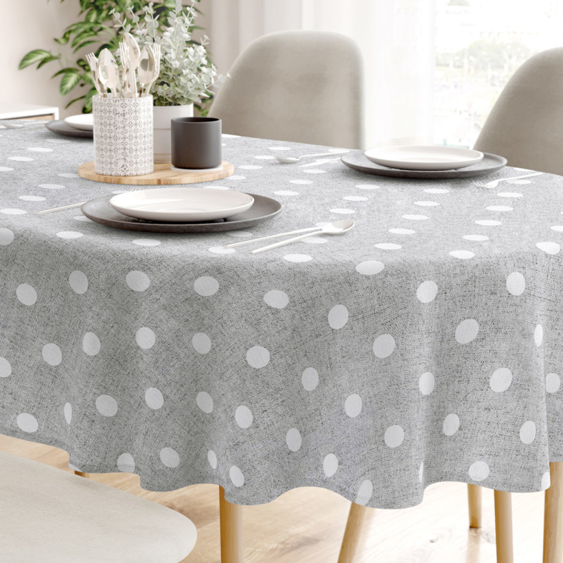Loneta dekoratív asztalterítő - fehér pöttyös szürke alapon