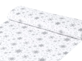 Exkluzív pamutvászon SIMONA - Karácsonyi X 28 ezüstös hópihék fehér alapon - szélesség 150 cm