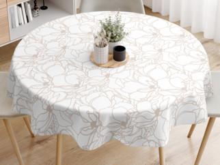Pamut asztalterítő - világos bézs virágok fehér alapon - kör alakú