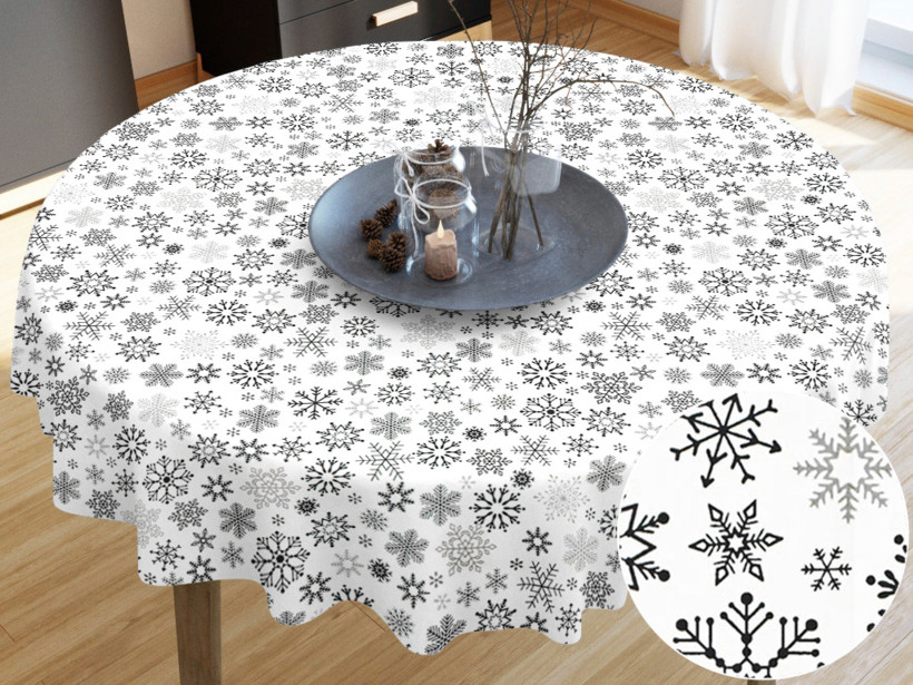 Karácsonyi pamut asztalterítő - fekete hópihék fehér alapon - kör alakú