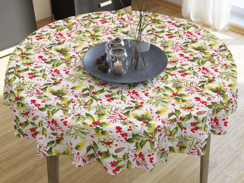 Dekoratív asztalterítő LONETA - piros bogyók és díszlevelek - kör alakú