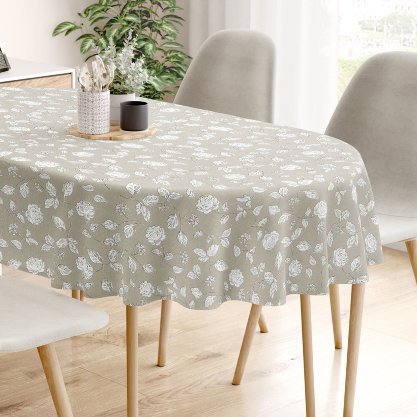 Loneta dekoratív asztalterítő - fehér rózsák - ovális