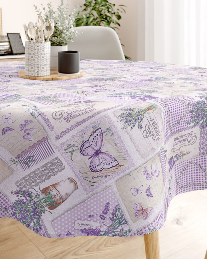 Pamut asztalterítő - patchwork levandula és pillangó mintás - kör alakú