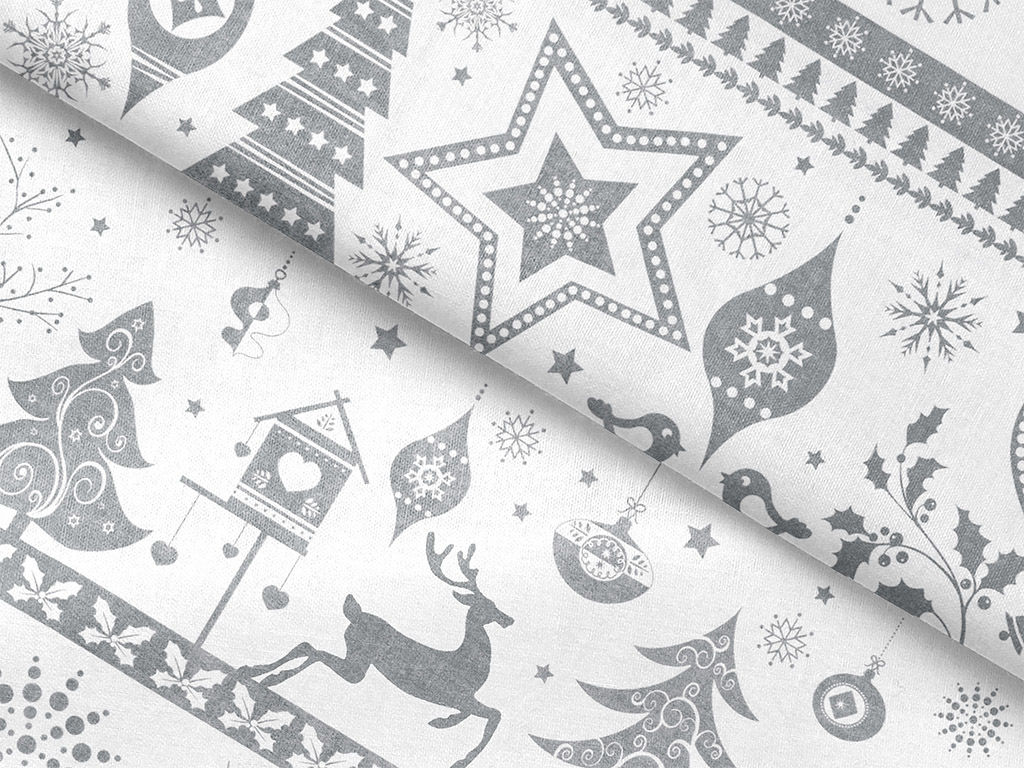 Pamutszövet - karácsonyi szimbólumok fehér alapon