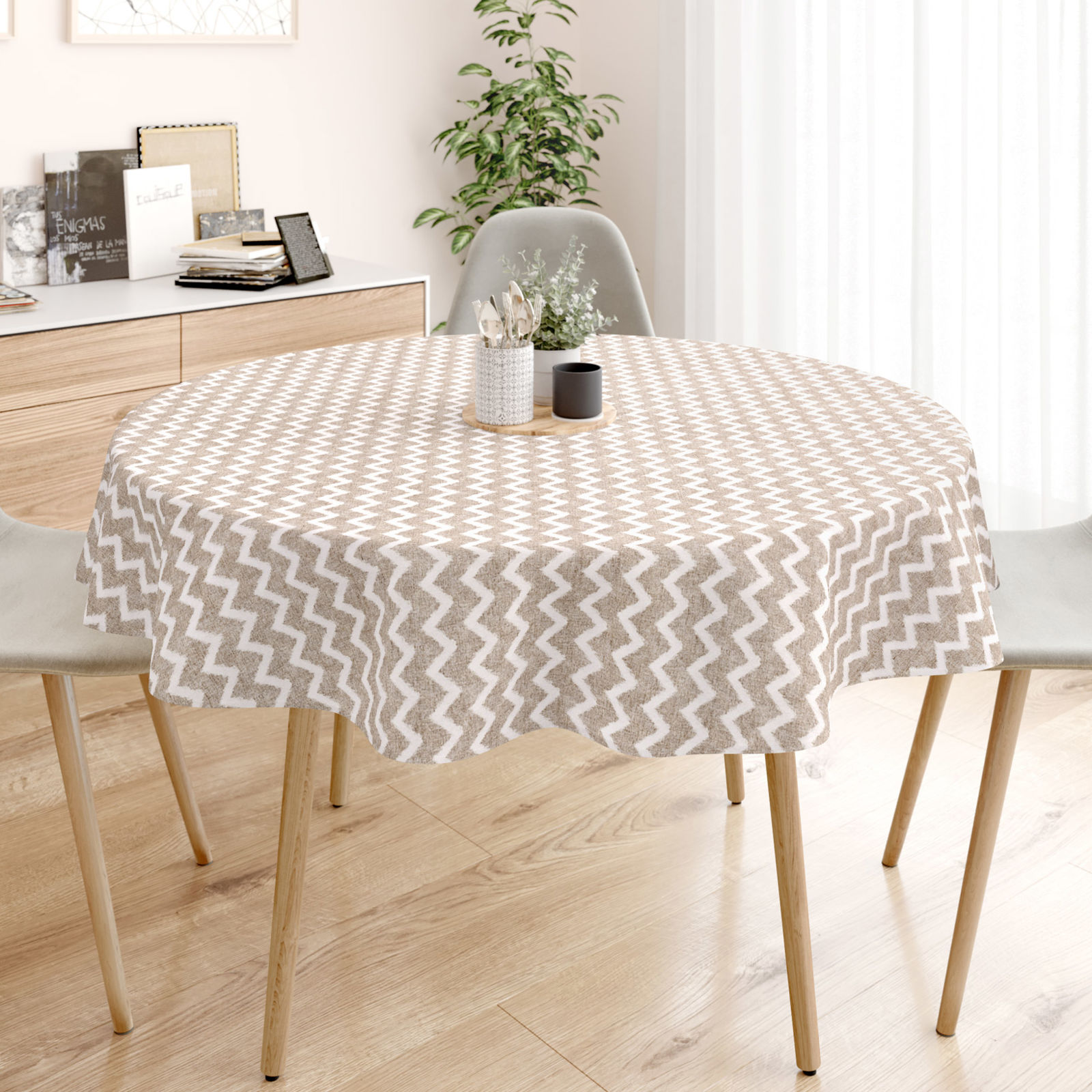 LONETA dekoratív asztalterítő - zig-zag vonalak világos alapon - kör alakú