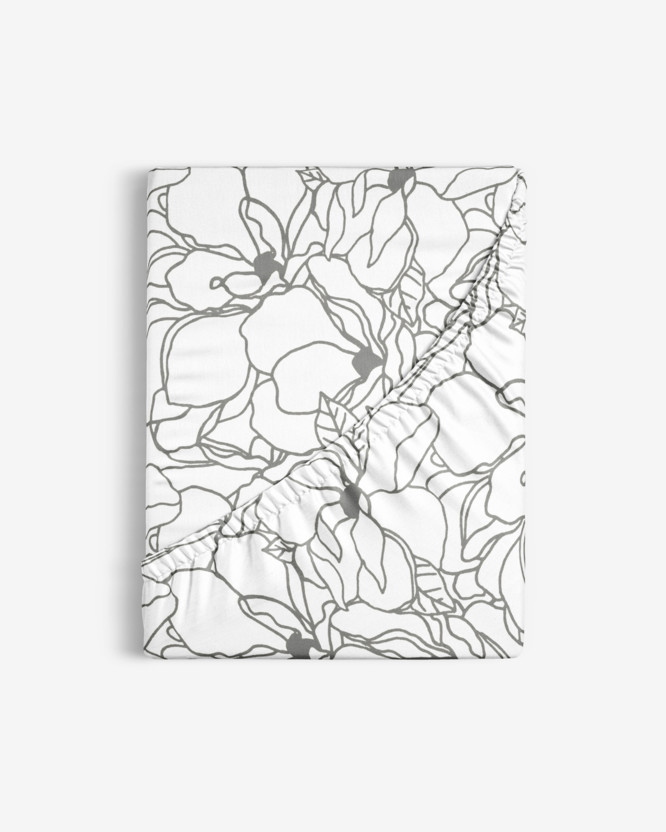 Pamut körgumis lepedő - sötétszürke virágok fehér alapon