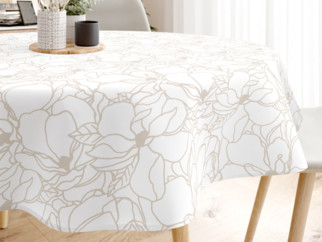 Pamut asztalterítő - világos bézs virágok fehér alapon - kör alakú