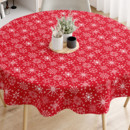 Karácsonyi pamut asztalterítő - ezüst hópihék piros alapon - kör alakú