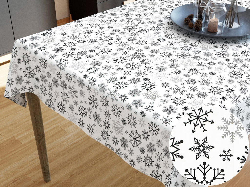 Karácsonyi pamut asztalterítő - fekete hópihék fehér alapon