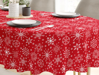 Karácsonyi pamut asztalterítő - hópihék piros alapon - ovális