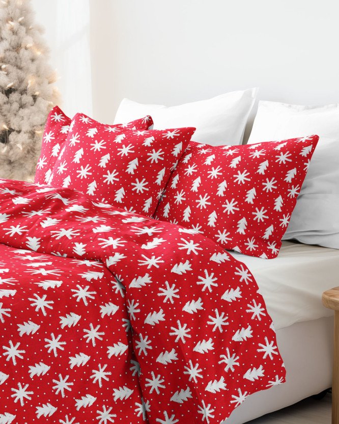 Karácsonyi pamut ágyneműhuzat - hópihék és karácsonyfák piros alapon