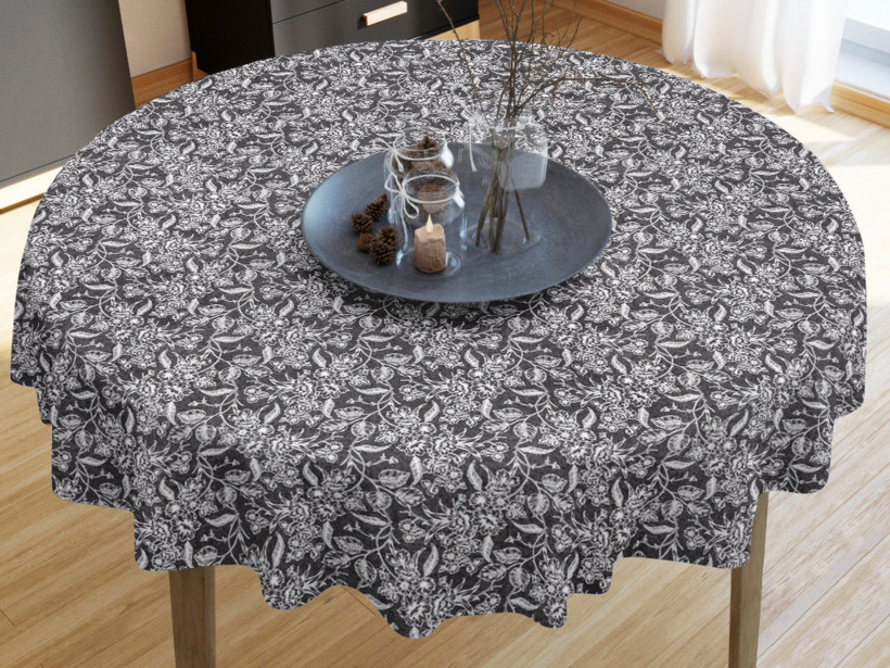 LONETA dekoratív asztalterítő - virágminták antracit alapon - kör alakú