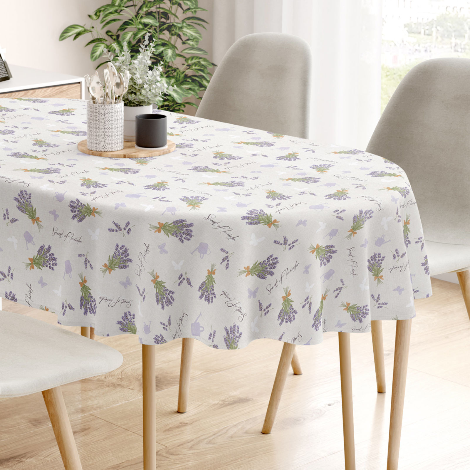 LONETA dekoratív asztalterítő - levendulavirágok és lepkék - vászonszövésű - ovális