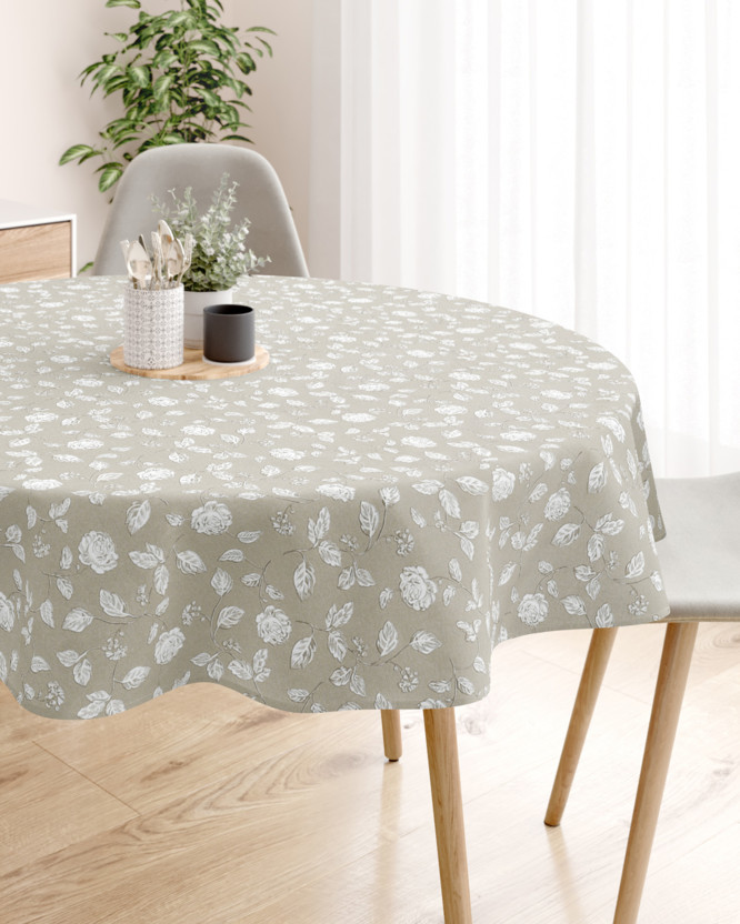 Loneta dekoratív asztalterítő - fehér rózsák - kör alakú