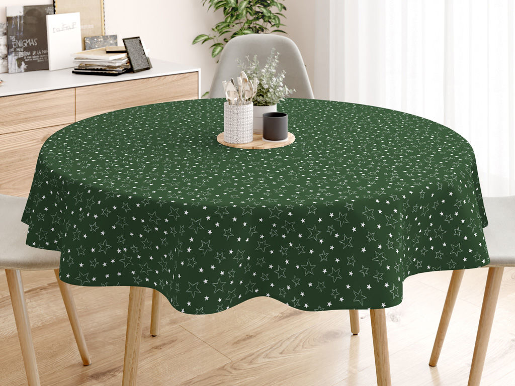 Karácsonyi pamut asztalterítő - fehér csillagok zöld alapon - kör alakú