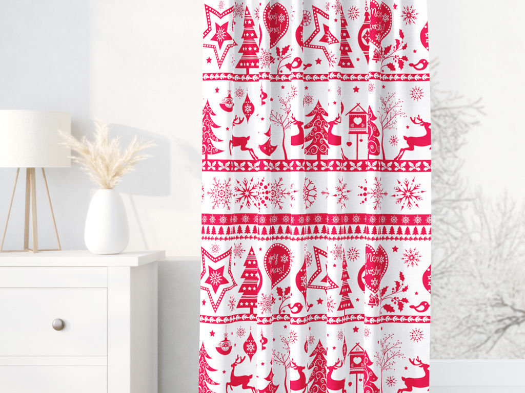 Karácsonyi pamut drapéria - piros színű karácsonyi szimbólumok fehér alapon