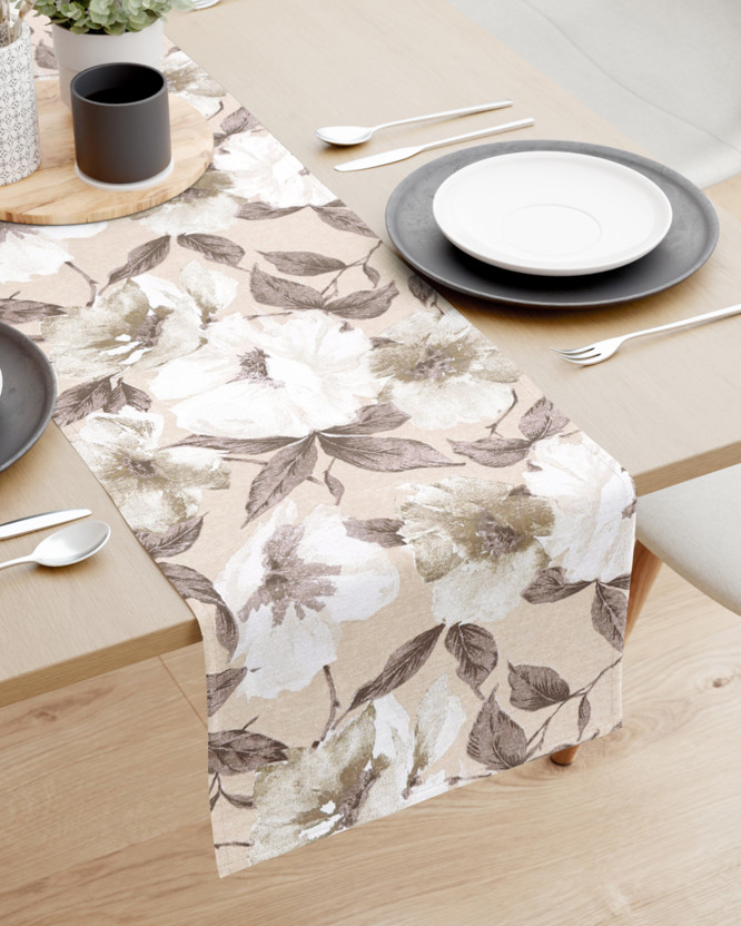 Loneta dekoratív asztali futó - barna - fehér virágok és levelek