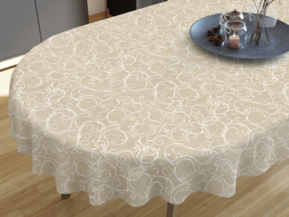 LONETA dekoratív asztalterítő - fehér ornamentek - vászonszövésű - ovális