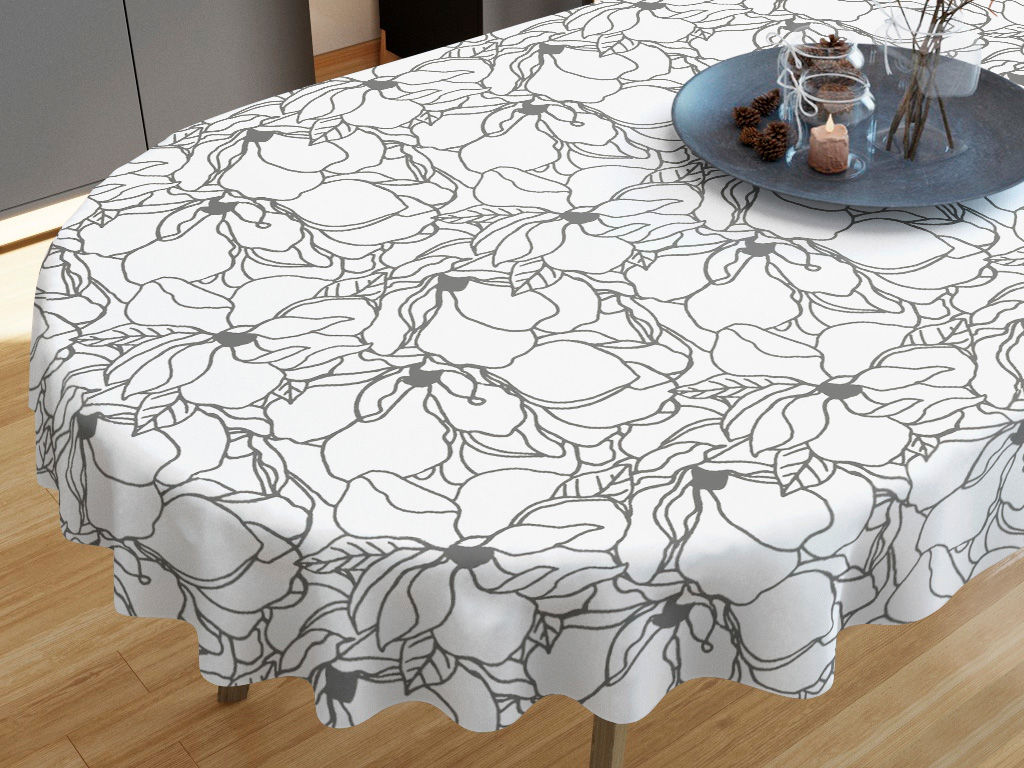 Pamut asztalterítő - sötétszürke virágok fehér alapon - ovális