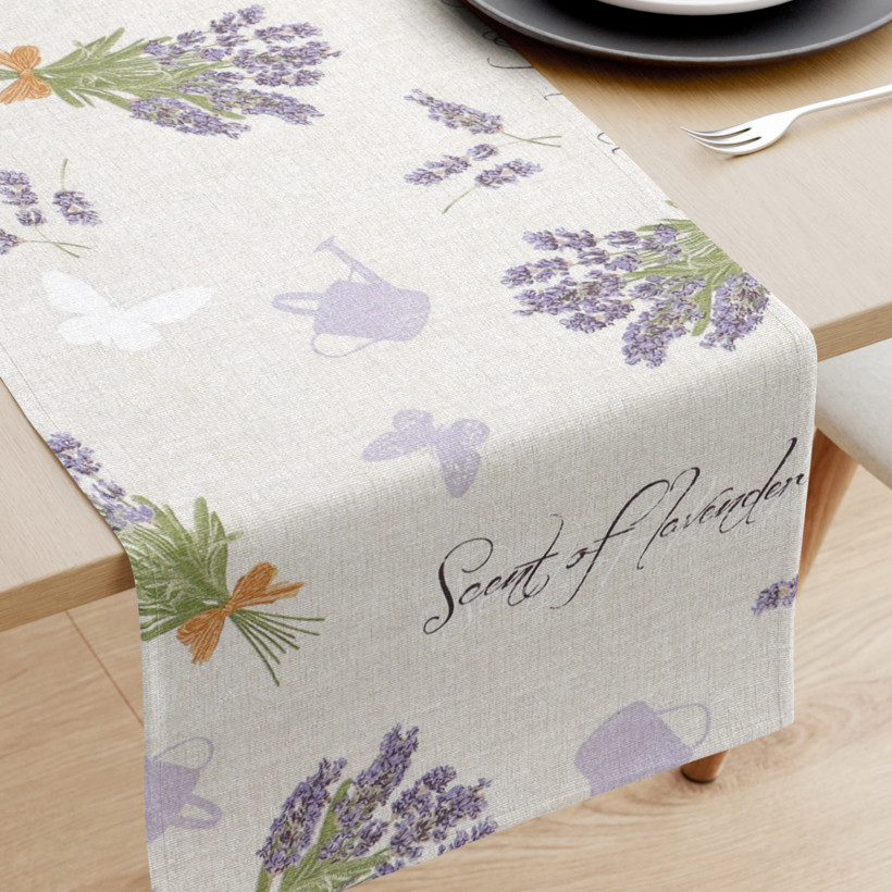 LONETA dekoratív asztali futó - levendulavirágok és lepkék - vászonszövésű