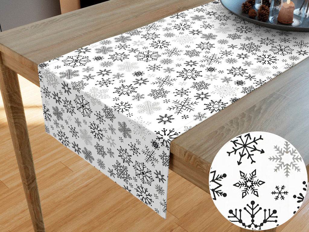 Karácsonyi pamut asztali futó - fekete hópihék fehér alapon